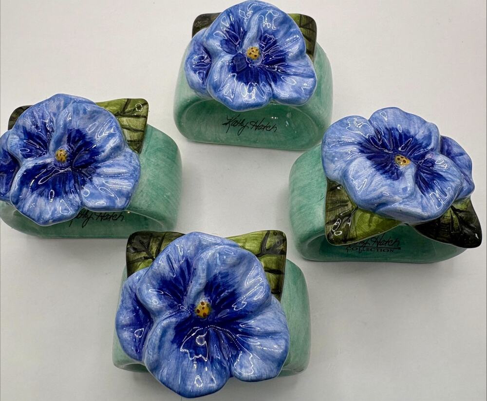Vintage Pansy Napkin Rings By Kathy Hatch Set of 4 Ceramic/Porcelain 2003